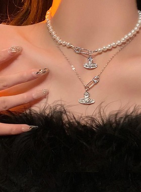 土星项链女星球珍珠别针简约小众颈链配饰轻奢高级感锁骨链ins风