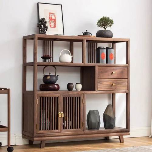 新中式博古架实木储物展示柜黑胡桃木家用多功能茶叶矮博古置物架