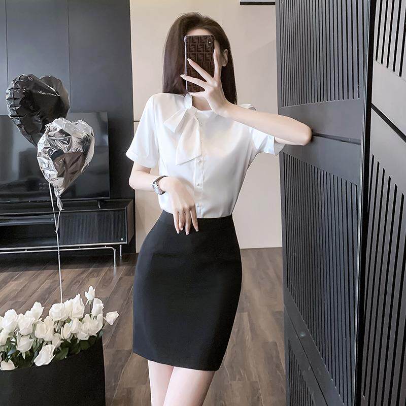 白色衬衫女短袖衬衣2025新款空姐职业套装包裙气质酒店前台工作装