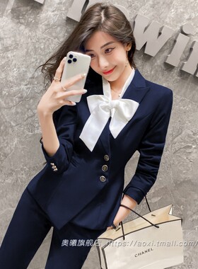 今年流行小西服套装女秋冬季通勤质感修身蓝色冷淡风西装套裤高级
