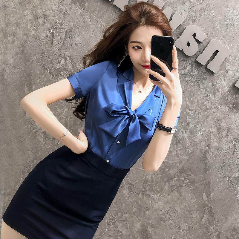 港风夏季女士衬衫气质上衣工作服衬衣套裙短袖修身显瘦美容院工服