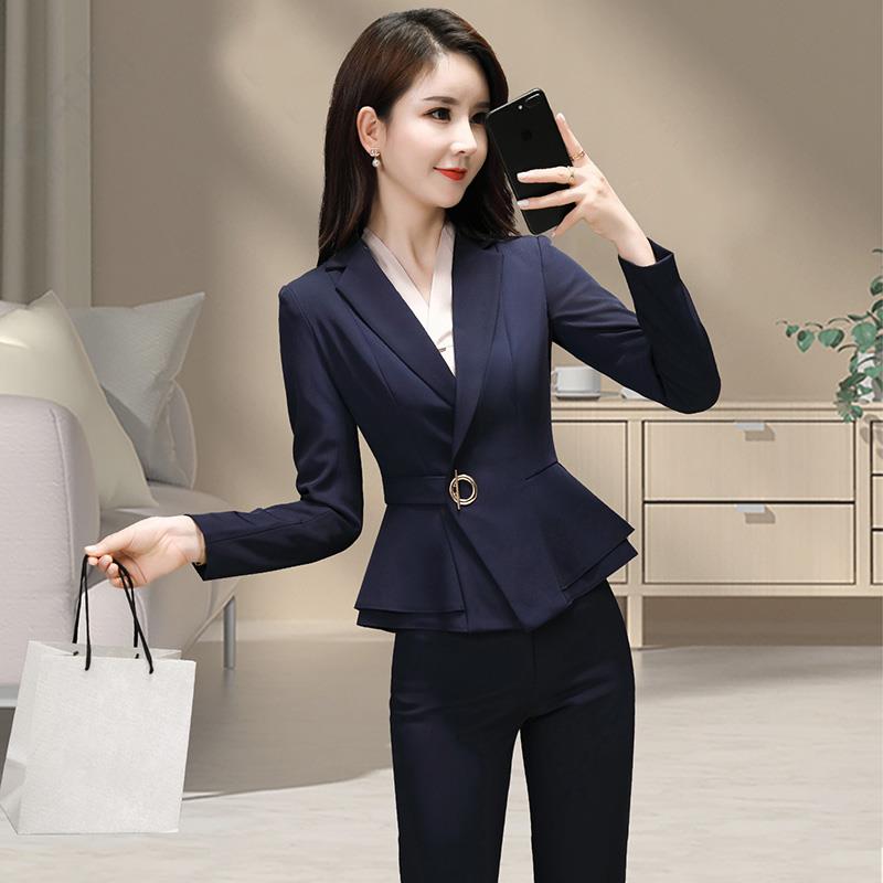 蓝色西装外套女小个子春秋新款气质职业西服套装女面试正装工作服