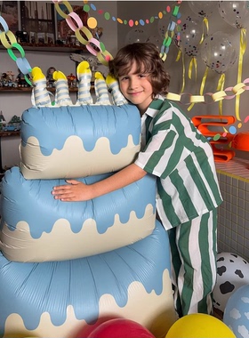 蓝色三层奶油大蛋糕站立款男孩生日礼物节日派对装饰用品拍照道具