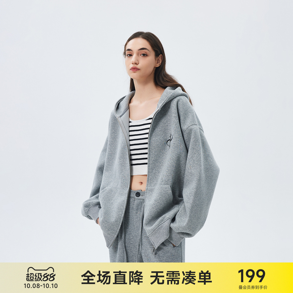 CH花灰色开衫连帽卫衣男休闲秋季情侣装拉链外套美式宽松潮牌上衣