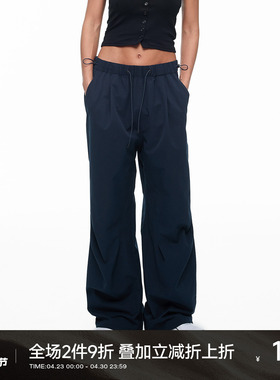 CH梭织藏青色运动裤女新款泡泡纱薄款休闲长裤女士宽松直筒裤子