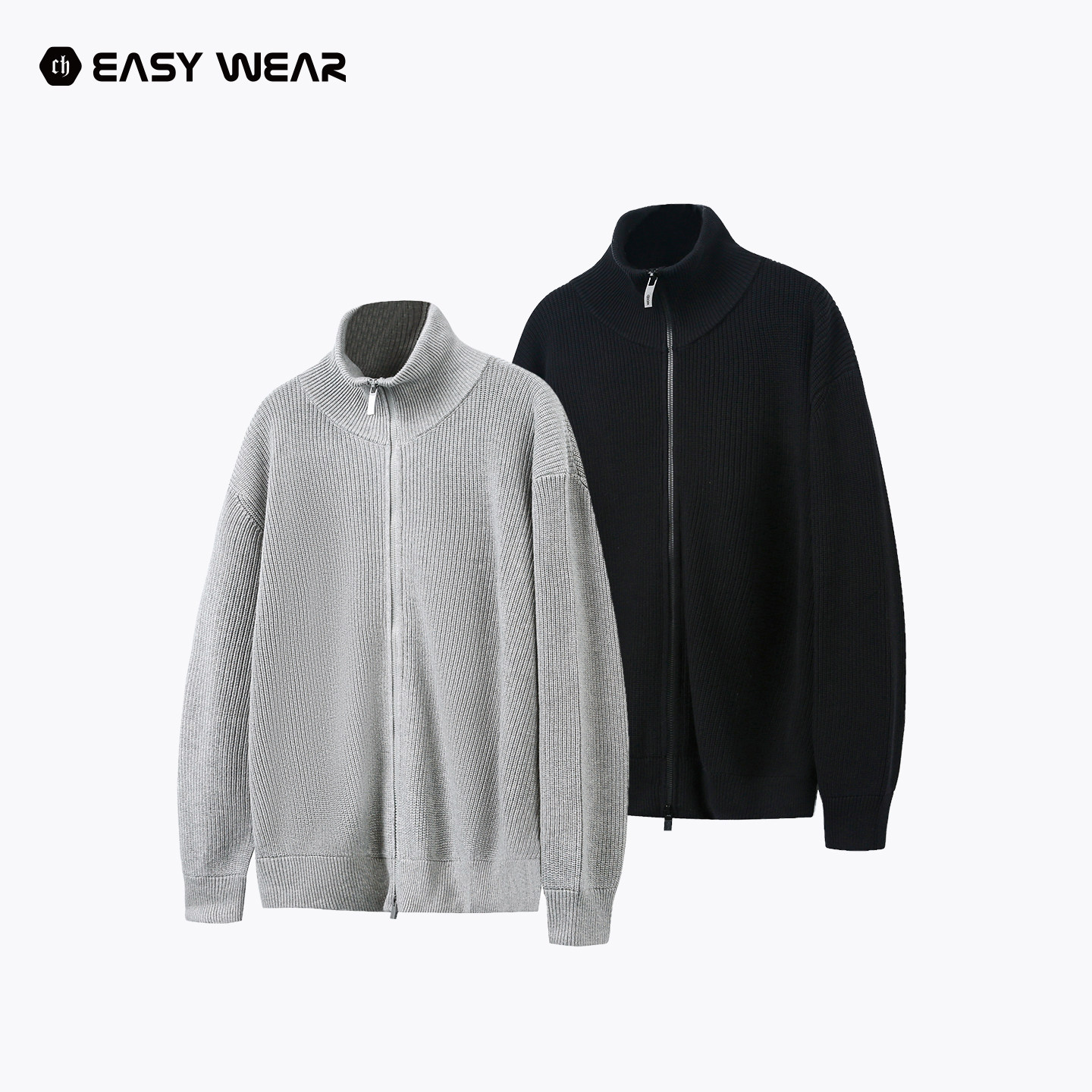 CH丨纯色简约开衫毛衣秋男美式立领肌理感休闲长袖针织衫拉链外套