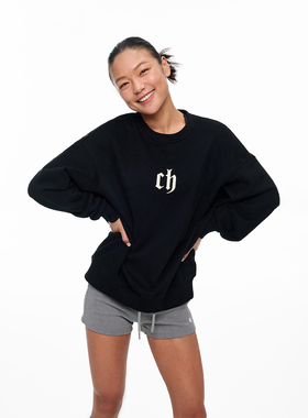 CH品牌logo印花黑色圆领卫衣男春季美式套头长袖男生宽松情侣上衣