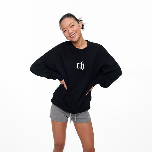 CH品牌logo印花黑色圆领卫衣男春季美式套头长袖男生宽松情侣上衣