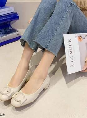 浦发女鞋2022春款15009低跟方头时尚c扣软皮面浅口防滑底日常单鞋