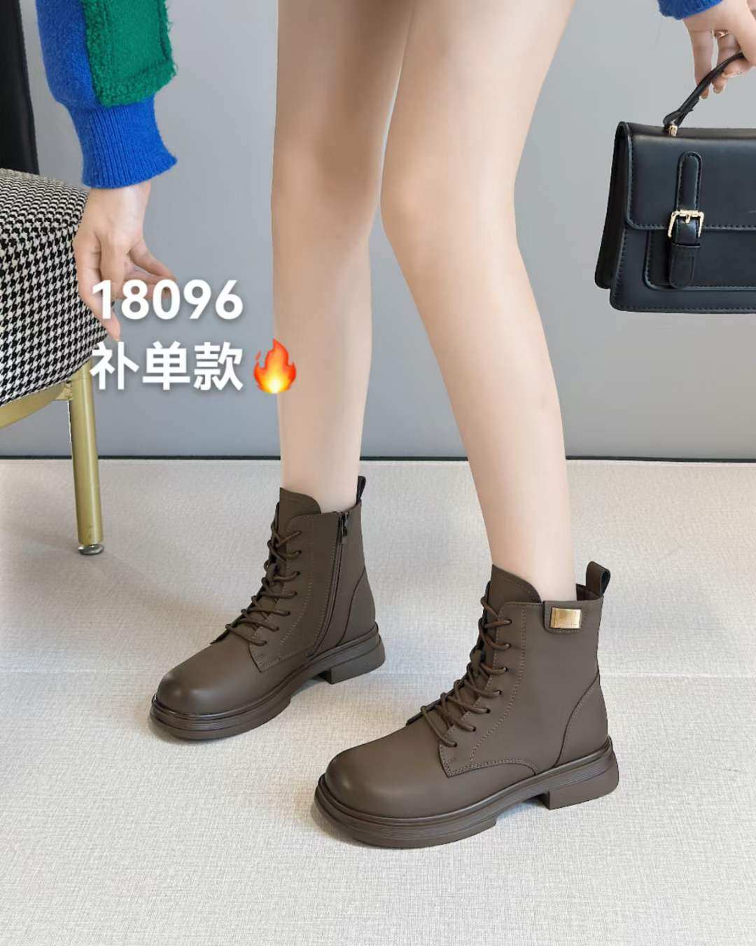 芊柏丽女靴2024秋冬18096马丁靴低跟薄方头侧拉链软皮面系带短靴,女鞋,马丁靴,淘宝优惠券,粉丝福利购,淘宝优惠卷