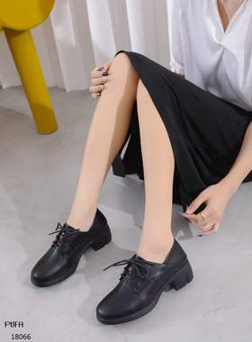 浦发中跟女鞋2023秋新小皮鞋18066软皮中分系带防滑软底方头单鞋