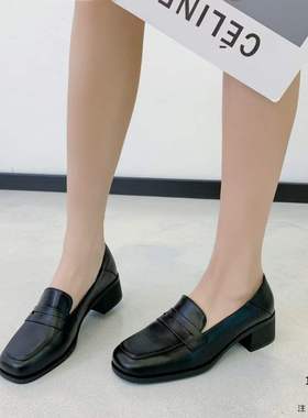 浦发女鞋2022秋款16053简约方头上班单鞋舒适牛筋连底软面乐福鞋