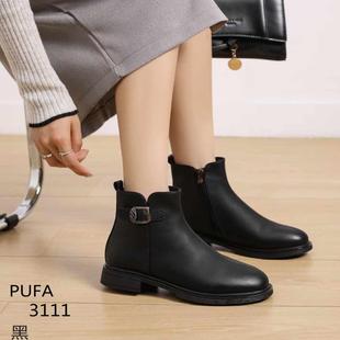 浦发软底低跟加绒短靴2025新鞋 3111软皮中分线侧拉链带扣圆头女靴