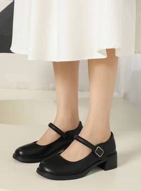 浦发防滑软底中跟单鞋2025秋款55039软皮一字带扣魔术贴方头女鞋