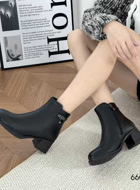 浦发防滑中跟薄绒厚绒短靴2025新款66013软哑光皮侧拉链尖头女靴