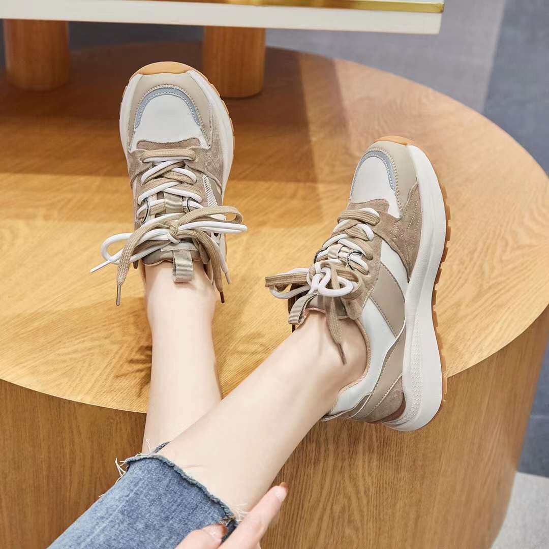 巨日牛皮拼色老爹鞋女鞋2023春季款413122厚底低跟双色鞋带休闲鞋