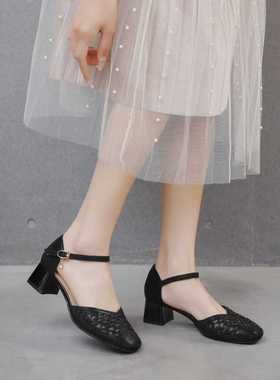 浦发中跟包头跟凉鞋2025春夏19062镂空透网一字带扣吊钻中空单鞋