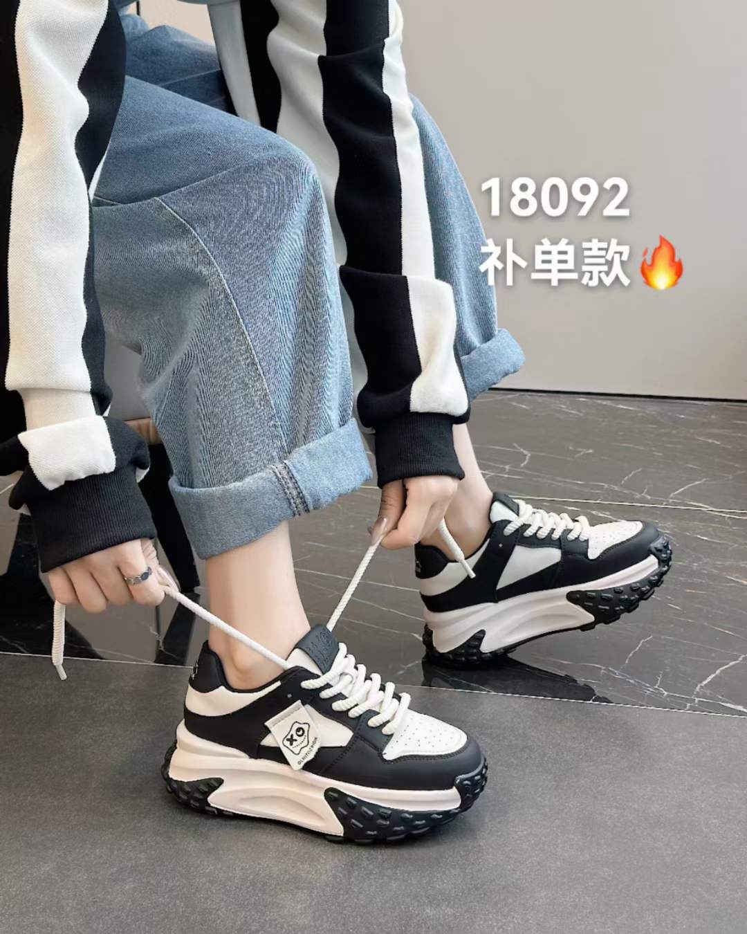 芊柏丽软真皮拼色老爹鞋2023秋款18092厚底中跟单里粗鞋带休闲鞋
