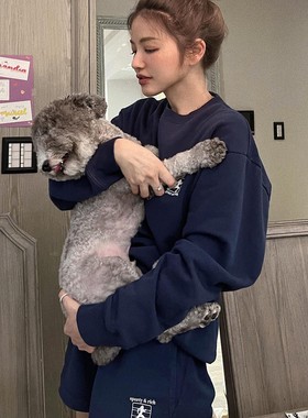 Before30高端定制许路儿同款宽松深蓝色印花卫衣短裤套装秋季新品