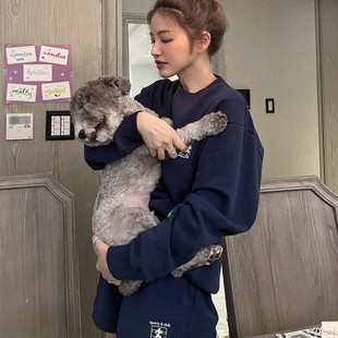 新品 Before30高端定制许路儿同款 秋季 套装 宽松深蓝色印花卫衣短裤