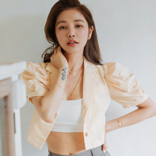 许路儿LUREHSU正品代购R201314 澎袖条纹衬衫短款可爱小衬衣