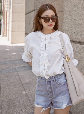 许路儿LUREHSU正品代购R241019  小口袋设计丹宁牛仔洗水短裤