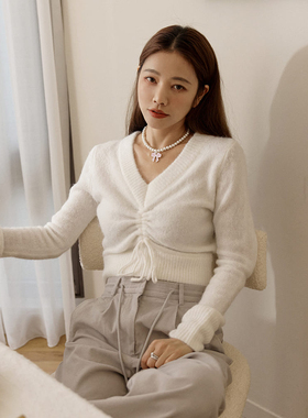 许路儿LUREHSU正品代购R232073 白色V领抽绳针织上衣长袖羊毛毛衣