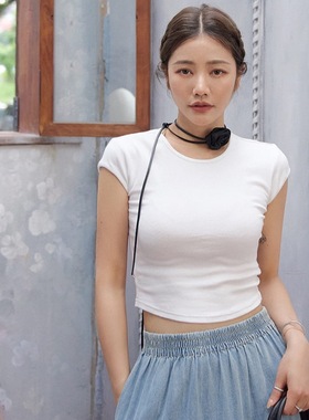 许路儿LUREHSU正品代购R241080  简约系LOGO盖袖短T恤白色短上衣