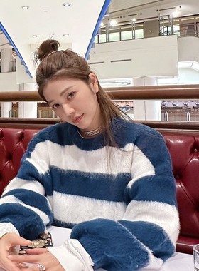 许路儿LUREHSU正品代购R222161条纹亮色毛衣长袖针织宽松套头圆领