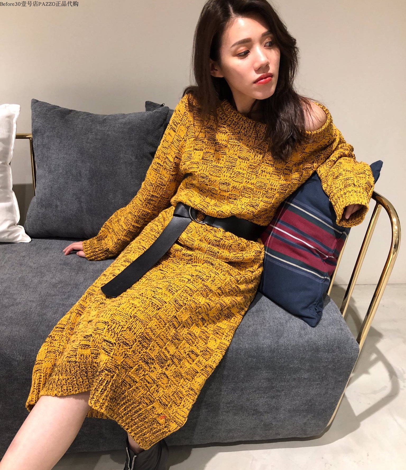 配色方格针织洋裝毛衣连衣裙