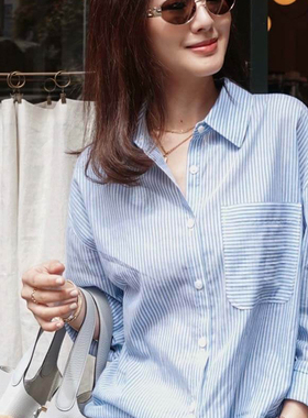 JNFR by Jennifer 前短后长条纹衬衫蓝色大衬衣宽松休闲