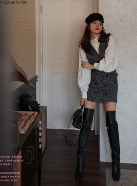 许路儿LUREHSU正品代购R202280双排扣背心洋装格纹背心马甲连衣裙