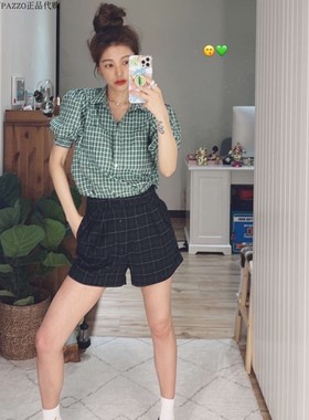许路儿LUREHSU正品代购R211277  格纹澎袖法式绿色灯笼短袖衬衫