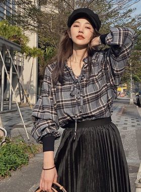 0衬衣许路儿同款蓬蓬绑带格纹