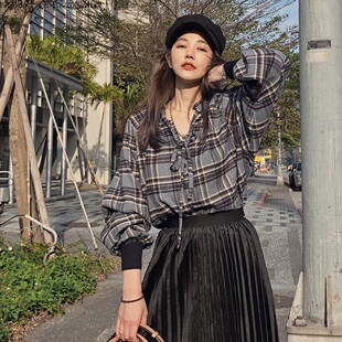 Before30自制款许路儿同款春夏蓬蓬公主风衣领绑带格纹灯笼袖衬衣