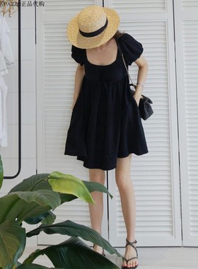 许路儿LUREHSU正品代购R211207方领法式a字下摆舒棉露背短连衣裙