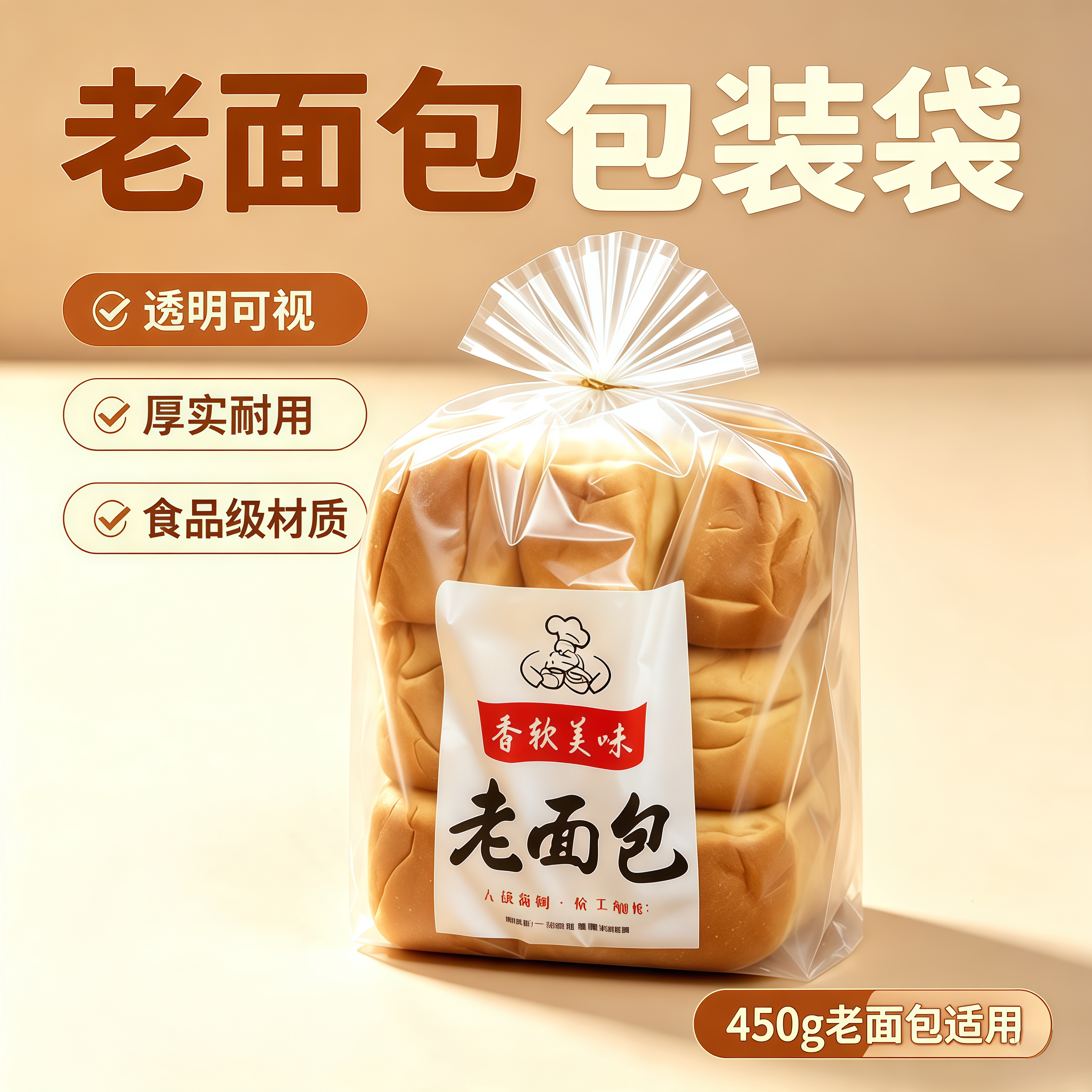 金鹏 磨砂老面包透明袋装蛋糕500个包邮一次性送扎丝450g吐司袋子