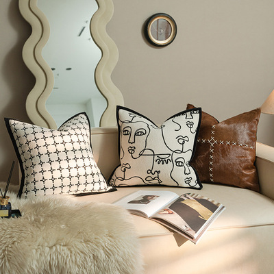 法式奶油风高级感客厅沙发靠垫抱枕样板间床头靠枕线条人脸绣花