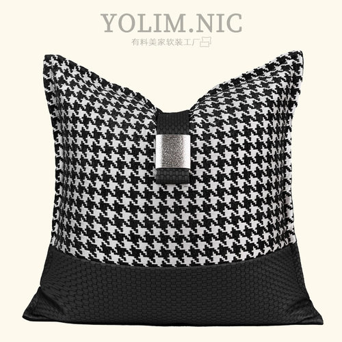 轻奢复古抱枕沙发客厅黑银割绒千鸟格靠枕现代样板间靠垫酒店靠