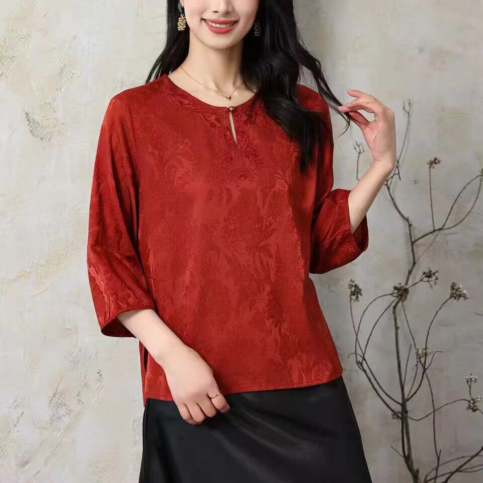真丝玛睿杰612百色依秀中老年桑蚕丝小衫女上衣夏妈妈绸缎衫