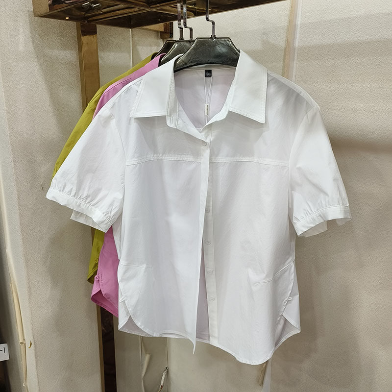 尚美813夏季新休闲风翻领短袖衬衫女宽松百搭时尚糖果色衬衣上衣