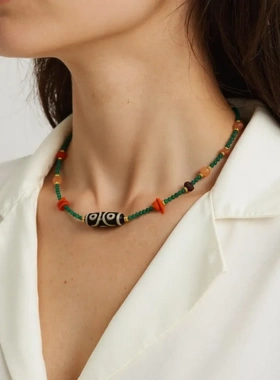 多巴胺民族风高饱和彩色天珠个性款复古潮流细闪高级感锁骨链项链
