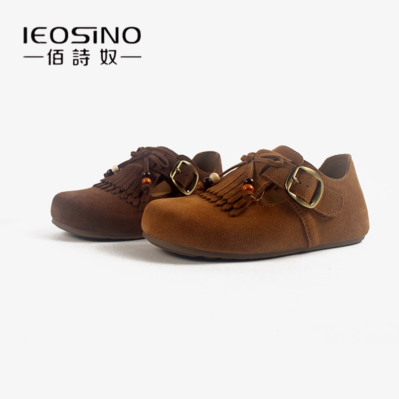 佰诗奴真皮流苏全包勃肯女鞋2025年秋季新款复古单鞋一脚蹬乐福鞋