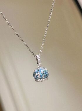 S925银双面小铃铛项链女ins风镶嵌锆石工艺灵动感小蓝铃项链