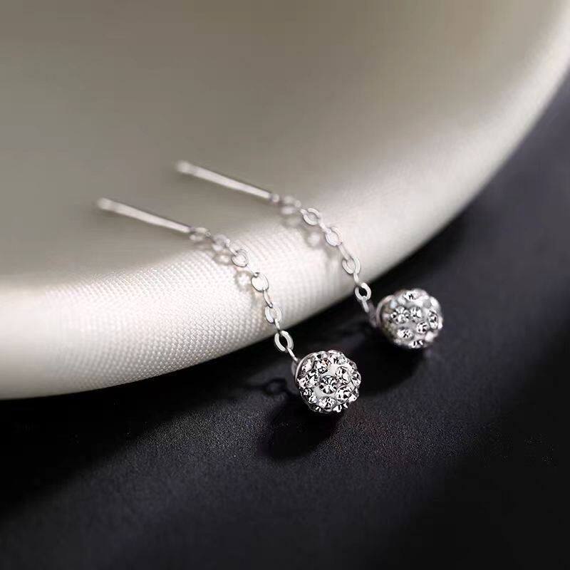 时尚水晶球流苏耳坠S999纯银钻球香巴拉圆球耳环韩版气质饰品跨境