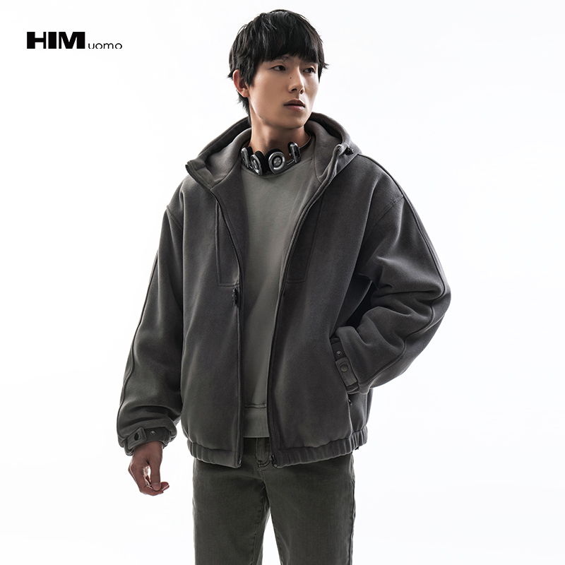 HIM汉崇 云感柔软摇粒绒夹棉外套轻暖宽松休闲连帽棉服男2025冬季