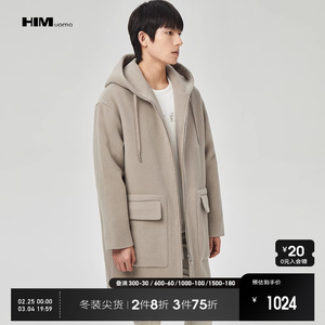 HIM汉崇 毛呢大衣时尚明袋男休闲加厚连帽呢子外套 2023冬季新款
