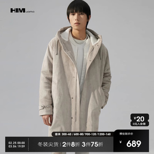 HIM汉崇 麂皮绒连帽中长款夹棉大衣外套男 拉链休闲棉服 2023冬装