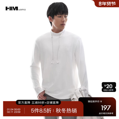 HIM汉崇 简约字母烧花舒适莫代尔棉休闲长袖小高领T恤男 2025秋季