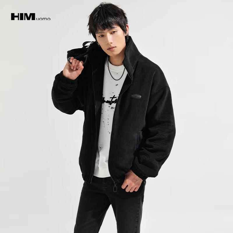 HIM汉崇 蓬松云感摇粒绒夹棉外套男立体胶章宽松休闲棉服2025冬季